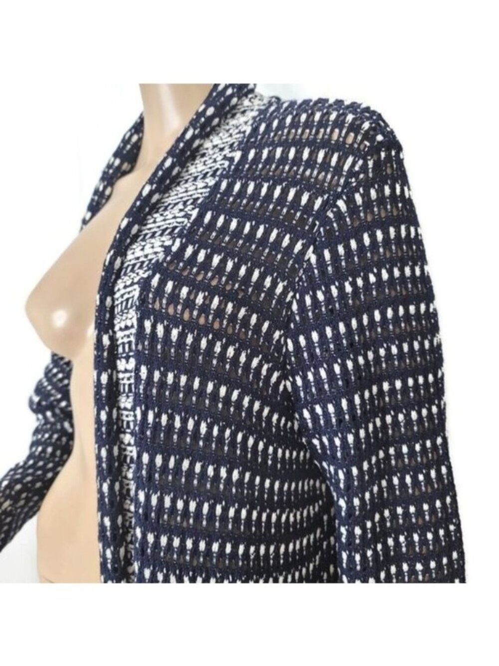 St. John Collection Long Open Knit Blue & White Cardigan Sweater Womens Size L - Picture 8 of 8